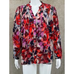 Soft Surroundings Top Womens XL Red Pink Sheer Leaves Button Up Boho Smocked‎